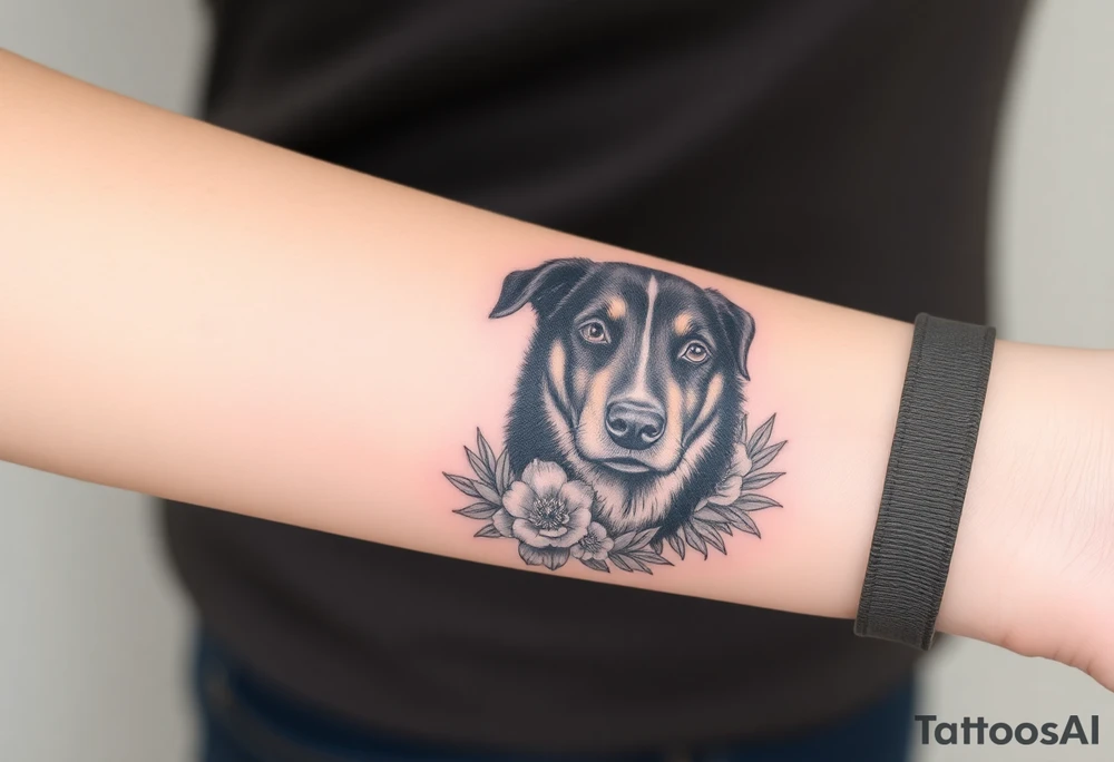 black merle austrailian cattle dog with succulents and flowers surrounding her head tattoo idea