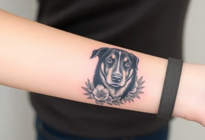 black merle austrailian cattle dog with succulents and flowers surrounding her head tattoo idea