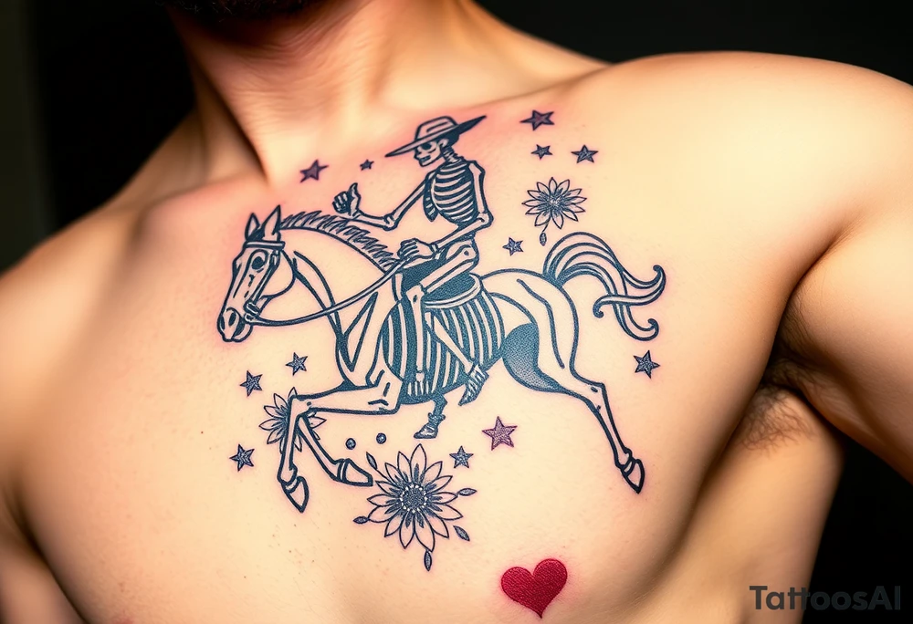 cowboy skeleton riding a skeleton horse, Fill with stars, dots, and flowers tattoo idea