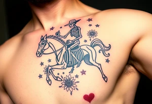 cowboy skeleton riding a skeleton horse, Fill with stars, dots, and flowers tattoo idea