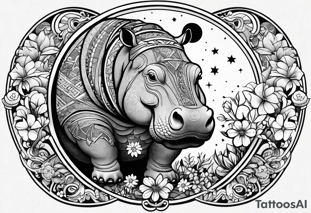 Hippo, flowers, moon, interstella,
Extreme fine lines, tribal, geometric, japanese tattoo idea