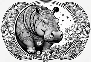 Hippo, flowers, moon, interstella, 
Extreme fine lines, tribal, geometric, japanese tattoo idea