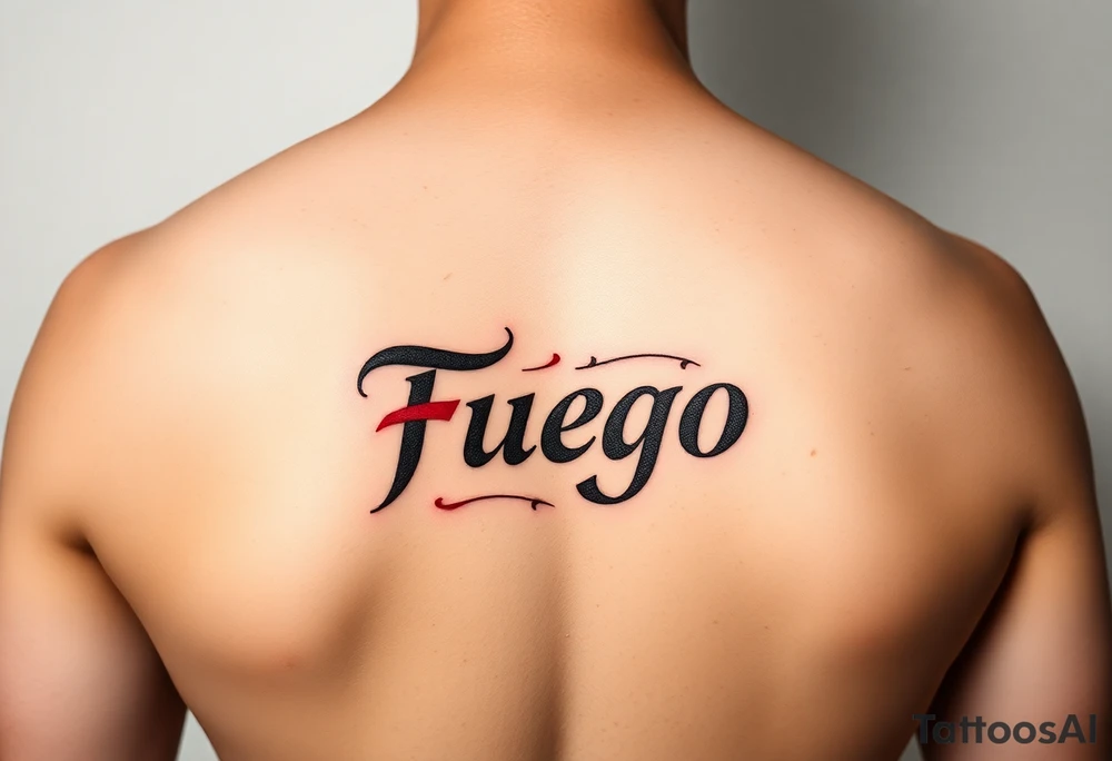 The word Fuego as a small lower back tattoo in red letters tattoo idea