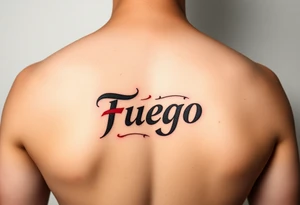 The word Fuego as a small lower back tattoo in red letters tattoo idea