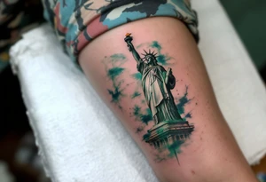 The Statue of Liberty in fine-line detail with a green patina wash, symbolizing hope and freedom. tattoo idea