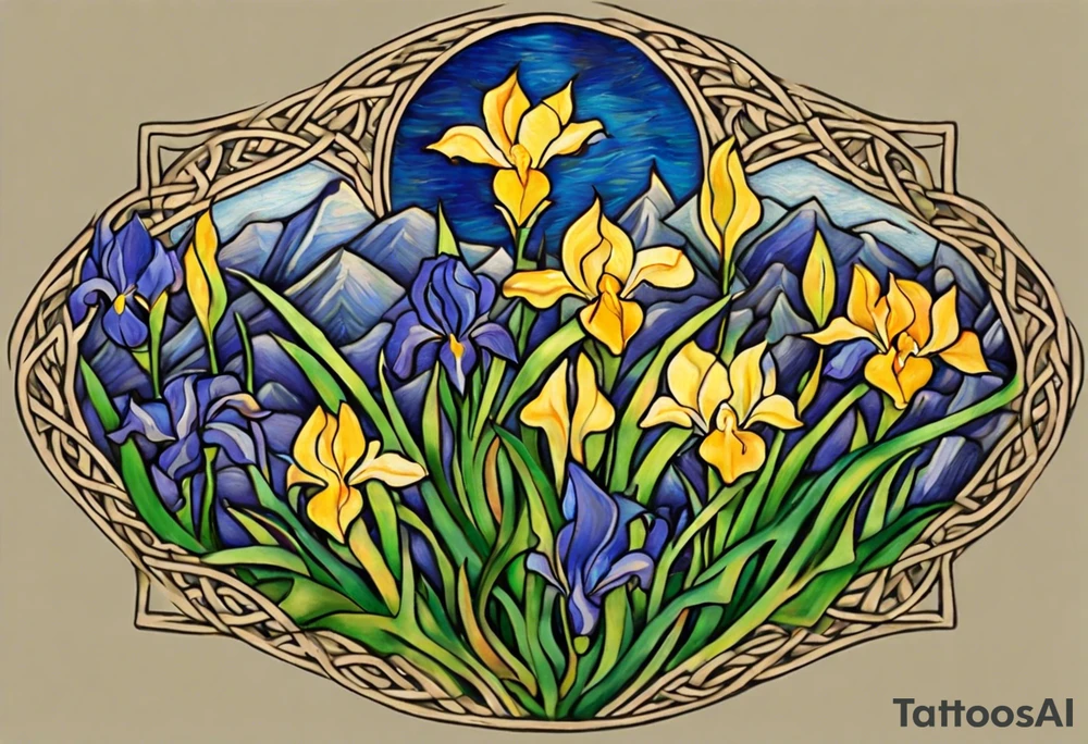 Create a condensed, thick, colorful Vincent van Gogh's Irises tattoo, with vines in Celtic knots gracefully holding mountains. The intended placement is on the upper chest. The overall design should be small in size while maintaining a delicate and artistic aesthetic. Pay attention to the graceful flow of the vines and the placement of the irises to achieve a refined and elegant look. tattoo idea