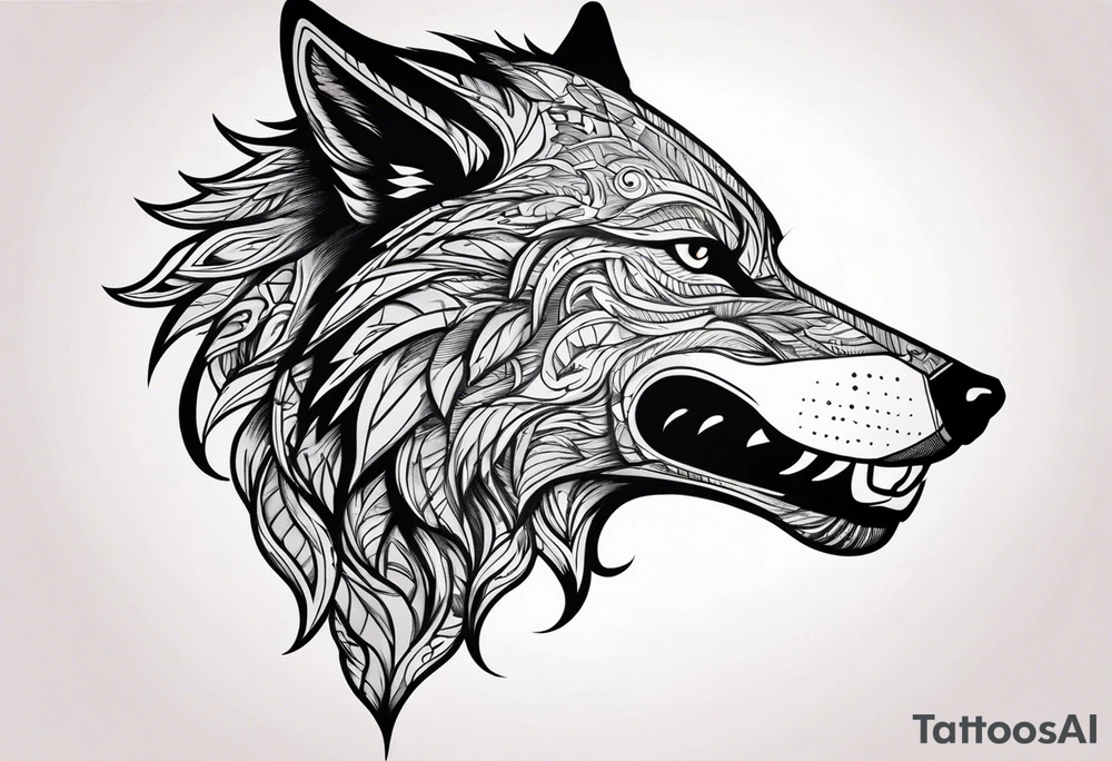 a head of savage wolf with a sword in its mouth facing left tattoo idea