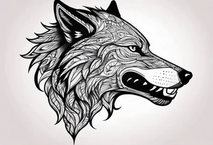 a head of savage wolf with a sword in its mouth facing left tattoo idea
