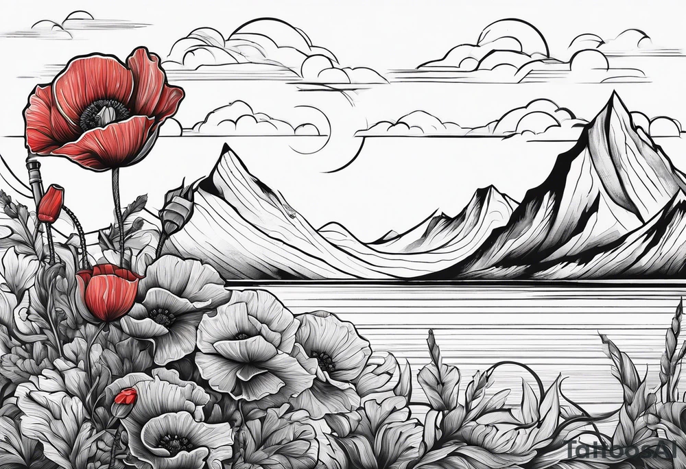 an anchor with a poppy flower in front of it and mountains behind it tattoo idea