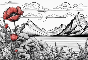 an anchor with a poppy flower in front of it and mountains behind it tattoo idea