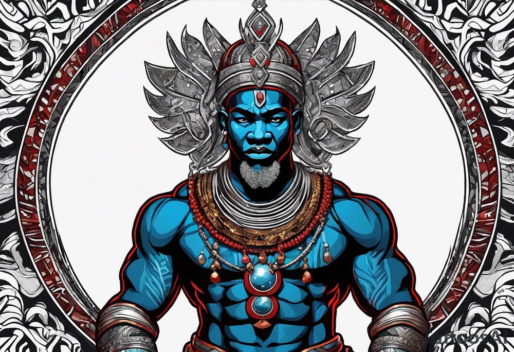 Black-skinned african god of war with a small silver crown, no armor, and two ball necklaces: one blue, other red tattoo idea