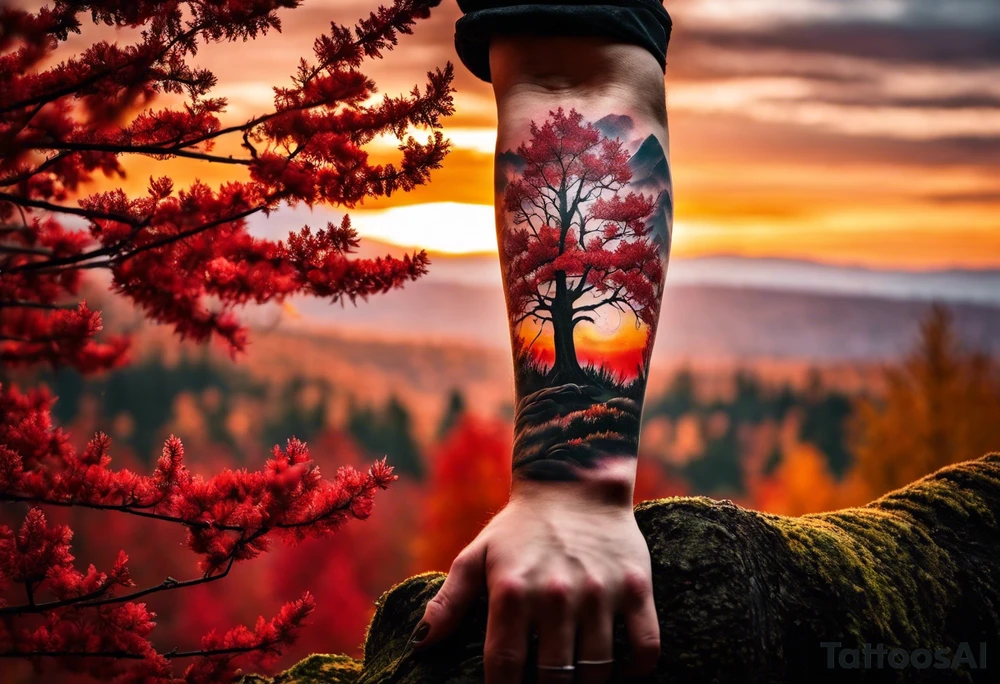 Arm tattoo. Long tattoo. Full sleeve. Shoulder. A single large maple tree with red autumn leaves that branches upwards from wrist to shoulder. White-throated dipper bird on the trees branches. Calluna flowers at the base of the trees stem. Tree stem has dark colors. Red/yellow sunset behind the trees stem. Leaves falling. tattoo idea