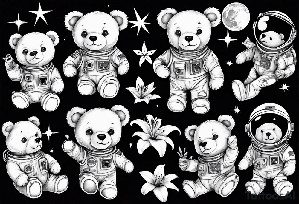 Teddy bear astronaut holding Lily tattoo idea