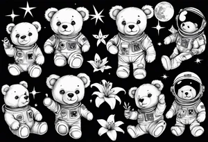 Teddy bear astronaut holding Lily tattoo idea