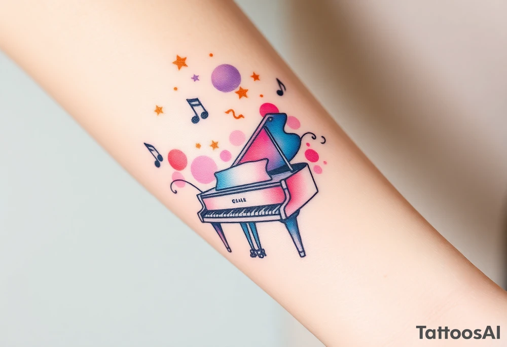 grand piano under stars and music notes pink,violet,teal color tattoo idea