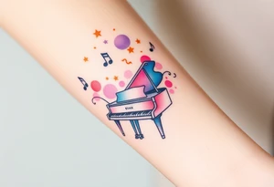 grand piano under stars and music notes pink,violet,teal color tattoo idea