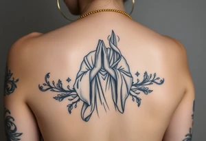 Based on that statue, modify it as if it were praying, with tattoos/damaged statue, with gold necklaces, jewelry, criminal, black and white tattoo style, arm, tattoo idea