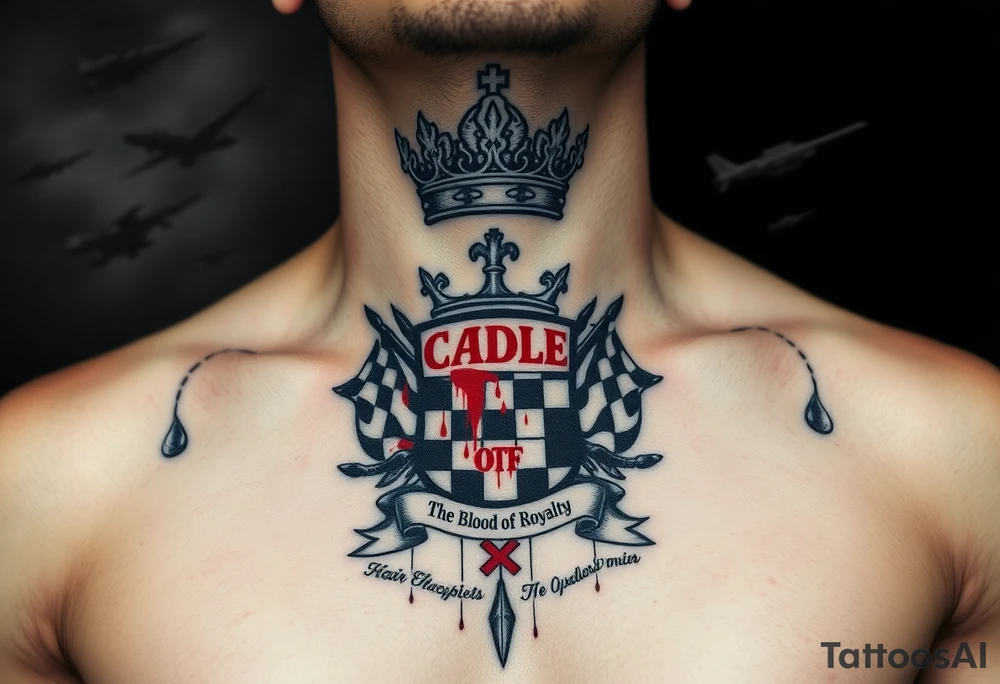 Men Doom Crest  with A Giant King Crown, CAUDLE written inside red, a chessboard, blood splatter on top of two  racing flags & OTF inside, The Words The Blood Of Royalty in red underneath the crest & 🌍 symbol in red outside of the crest, And raining blood drops, Jets/Airplanes/Helicopters/explosives flying above & Guns & Tanks & Dark Sky tattoo idea