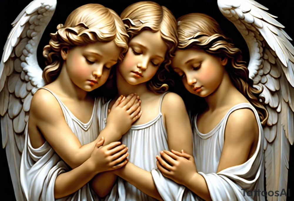 In the center of the tattoo, there's a serene scene of three angels praying together. The two boy angels are on either side of the girl angel, with their wings gently enfolding her in a protective embrace. Each angel has a peaceful expression on their face, and their hands are clasped together in prayer. Rays of light emanate from above, surrounding the angels with a divine glow.

The girl angel could be depicted with slightly softer features, perhaps wearing a flowing gown or robe, symbolizing purity and grace. The boy angels might have a more sturdy and protective appearance, with strong wings and expressions of compassion and strength. tattoo idea
