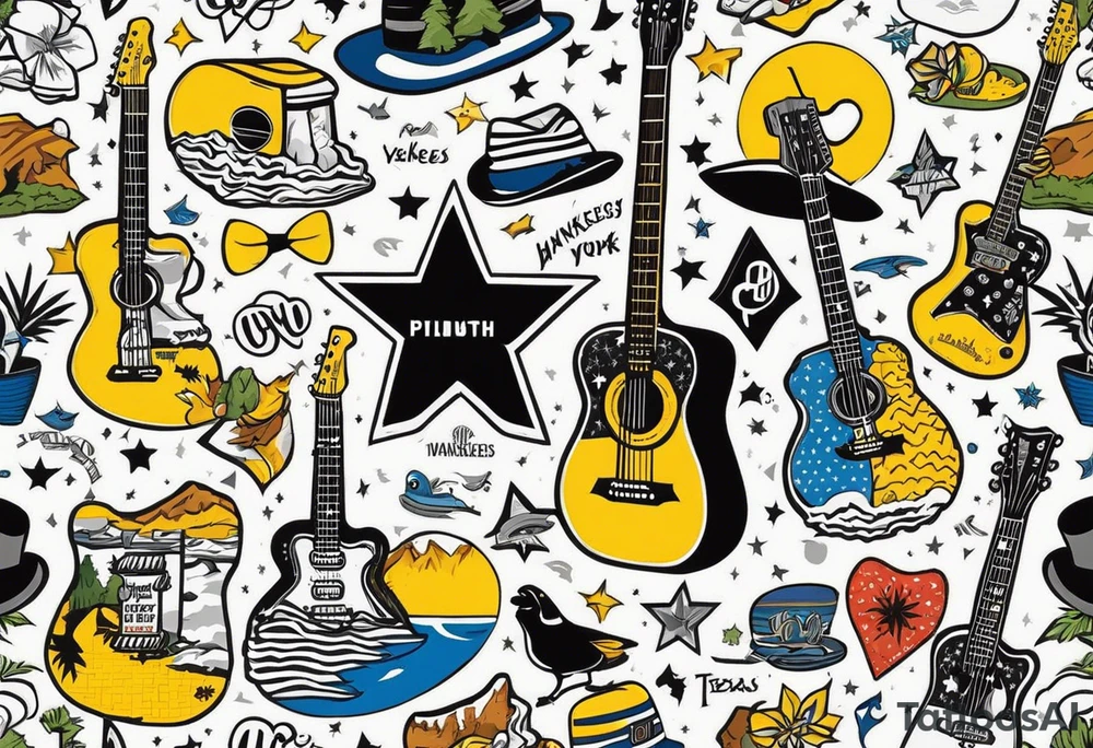 New York Yankees 
Pittsburgh Steelers
Pittsburgh Penguins
State of Texas
State of Pennsylvania
State of Massachusetts
State of New York
State of Colorado
Mountains
Fender Guitars
Jackson
Hadley
Heather tattoo idea