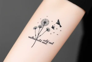 Black armband on forearm with wildflower dandelions in the middle with birds flying off and dopamine symbol coming off the stem. The words: Restless Mind, Wild Soul, Soft Heart tattoo idea
