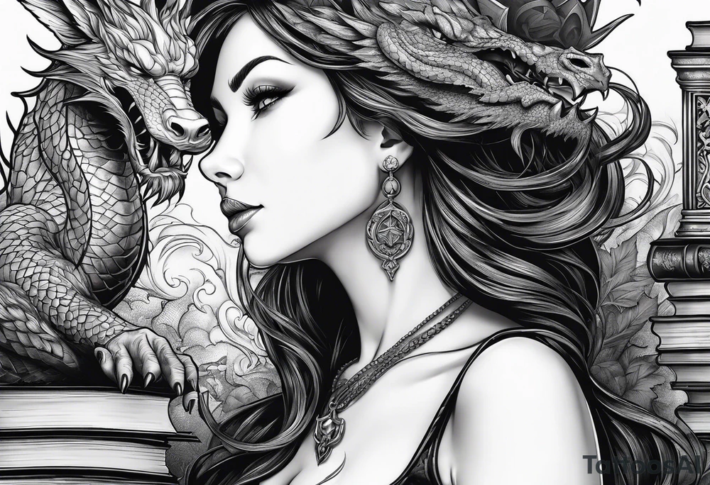 Witch in profile
surrounded by books and dragon tattoo idea Witch in profile
surrounded by books and dragon tattoo idea