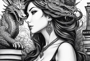 Witch in profile 
surrounded by books and dragon tattoo idea