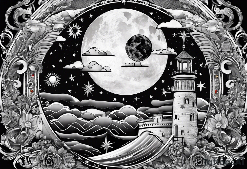 Collage for full left arm sleeve with:
a sun with a quarter moon, 
2 stars,
bass guitar, 
caduceus symbol tattoo idea