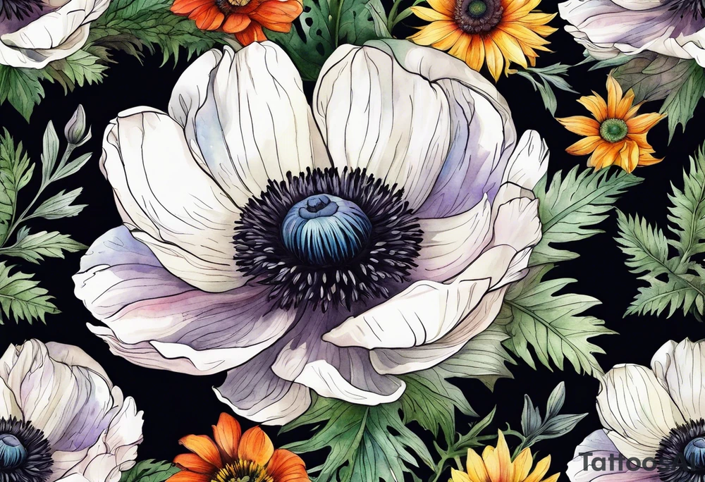 one white anemone with black center in the middle of equal sized mixed colorful wildflowers all with different shapes including thistles, ferns, ranuculus, and sun flowers all in watercolor tattoo idea