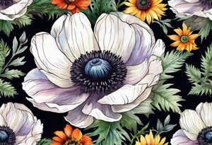 one white anemone with black center in the middle of equal sized mixed colorful wildflowers all with different shapes including thistles, ferns, ranuculus, and sun flowers all in watercolor tattoo idea