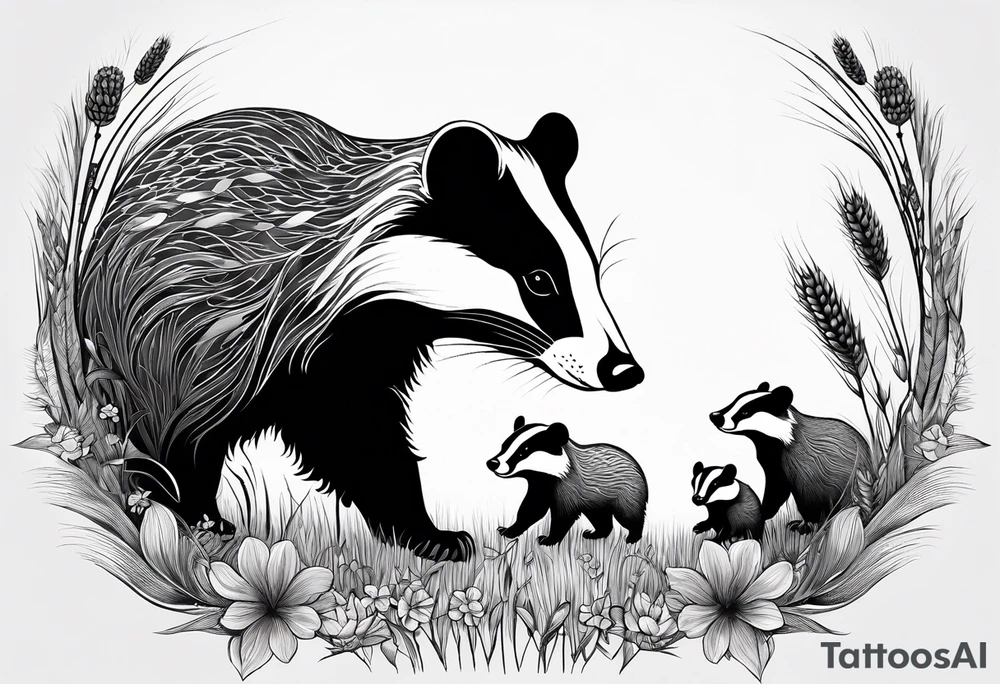 A trippy black and white tattoo of a badger with a cub, flowers, a field of wheat, forest and fractals tattoo idea