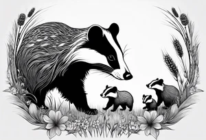 A trippy black and white tattoo of a badger with a cub, flowers, a field of wheat, forest and fractals tattoo idea
