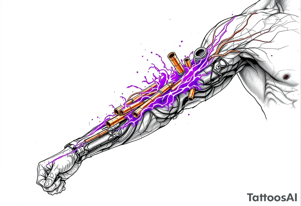 A  vivid design featuring copper tubes and violet plasma lines integrated into the skin’s anatomy. tattoo idea