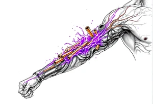 A  vivid design featuring copper tubes and violet plasma lines integrated into the skin’s anatomy. tattoo idea