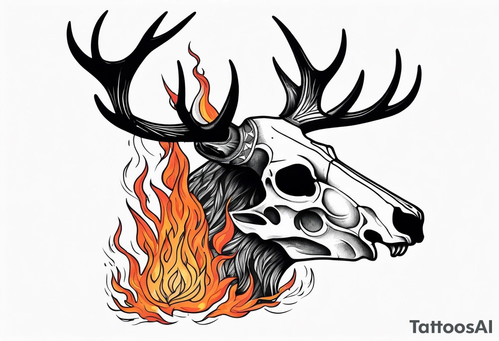 side profile of a DECAYING deer skull JUST BONE surrounded by a flames and trees tattoo idea
