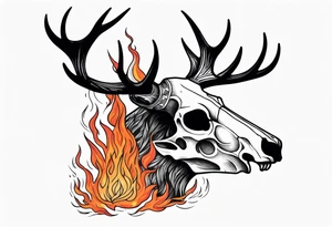 side profile of a DECAYING deer skull JUST BONE surrounded by a flames and trees tattoo idea