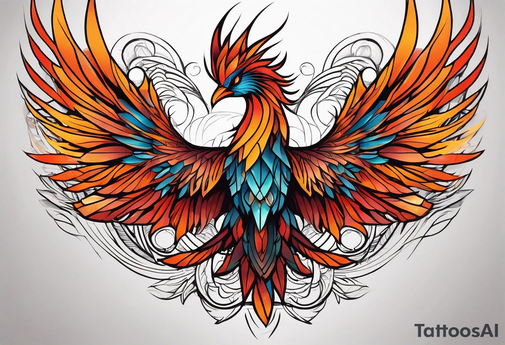Geometric Tattoo: A powerful, majestic phoenix, depicted mid-flight or rising, with wings extended and feathers flowing. Deep shading and intricate details to bring out the texture and motion of the feathers. Style: Geometric. tattoo idea