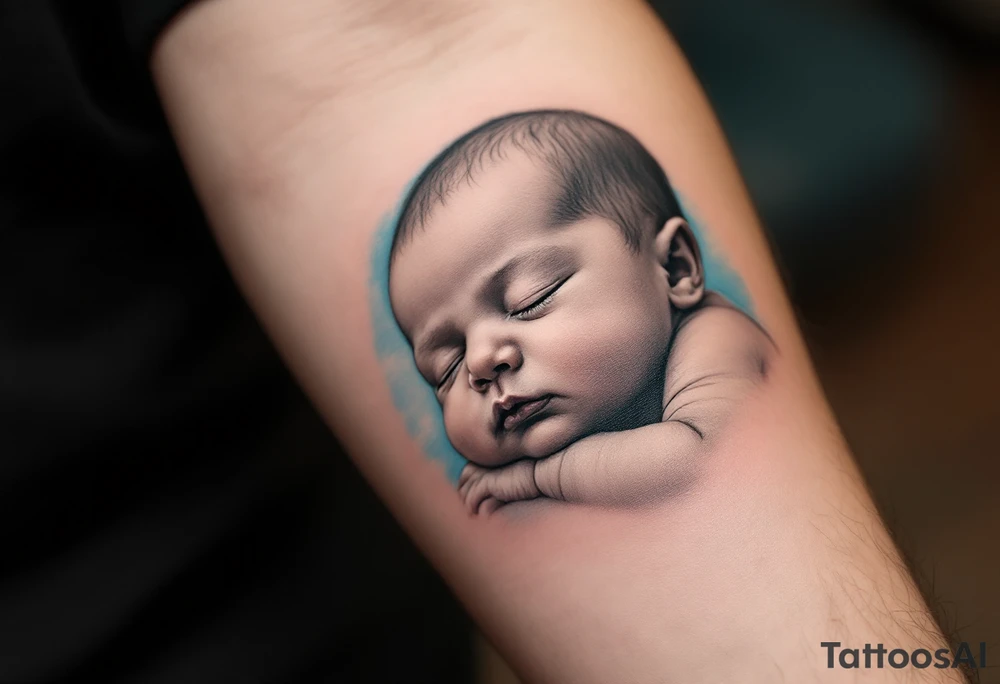 A realistic portrait of a sleeping baby boy in black and grey, with a soft blue background fade. tattoo idea