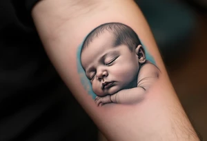 A realistic portrait of a sleeping baby boy in black and grey, with a soft blue background fade. tattoo idea