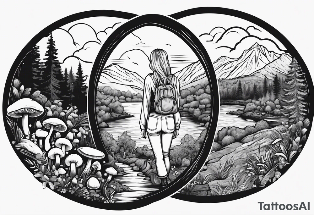 Whole picture encircled fully

Straight long blonde hair hippie girl in distance holding mushrooms in hand facing away toward mountains and creek surrounded by mushrooms long sleeve shirt and hiking pants; whole rendering within a full circle, no cut off circle tattoo idea