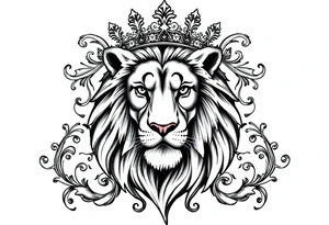 majestic lion wearing ornate crown, surrounded by baroque flourishes tattoo idea