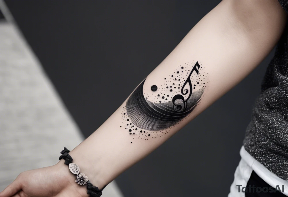 lots of empty space with simple line of icons down the back of the arm. there are four icons in this order:

1. a music note on a staff
2. a wave of water
3. a pocket
4. mushroom tattoo idea