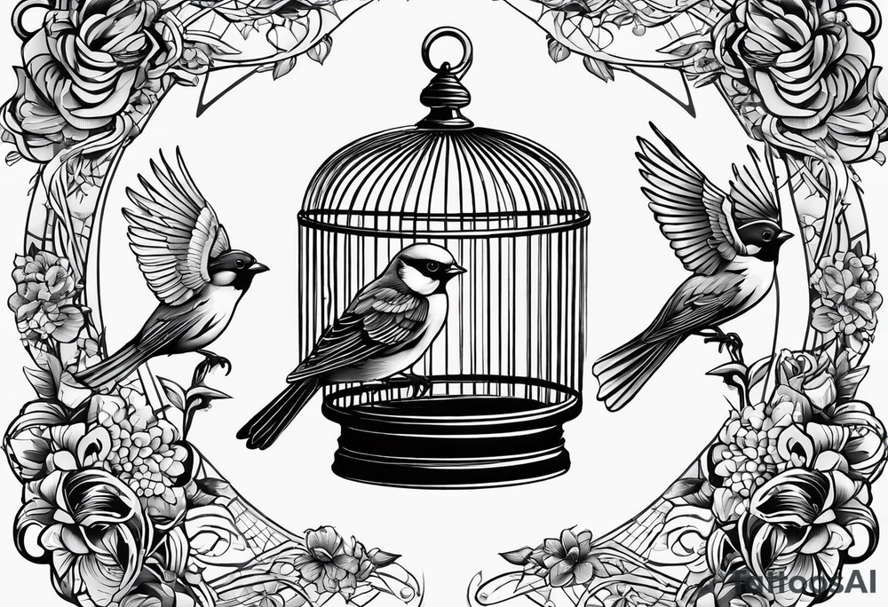 An open bird cage with a beautiful bird flying out of it. Front facing, it should be looking into the cage with the bird flying toward you out of the cage tattoo idea