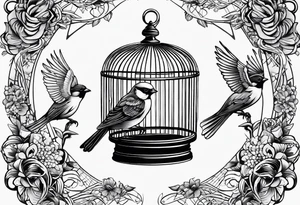 An open bird cage with a beautiful bird flying out of it. Front facing, it should be looking into the cage with the bird flying toward you out of the cage tattoo idea