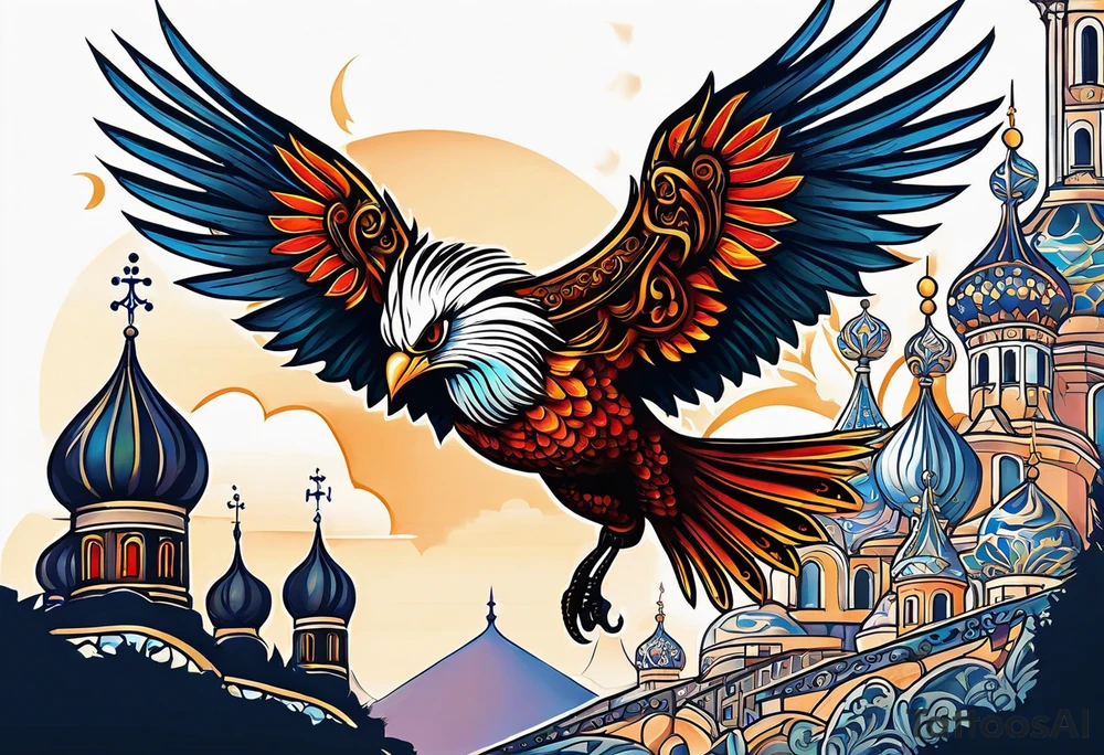 russian firebird in-flight with fancy tail and small onion cap monastery towers in background, incorporate Isaiah 43: 18-19 tattoo idea