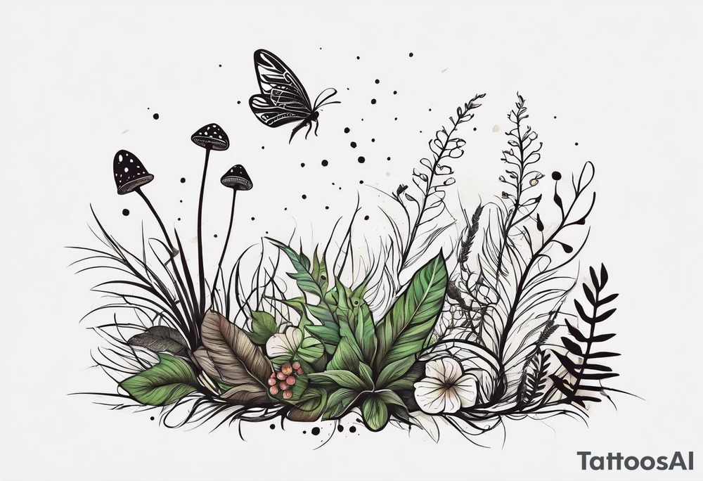 forest floor inspired minimalist tattoo, which includes grass, curly ferns and dead leaves as the bulk of the tattoo. details to include: three very tiny strawberries, a tiny bumblebee flying nearby, three small brown mushrooms tattoo idea