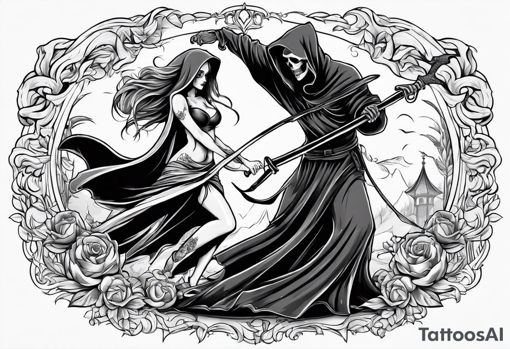Grim reaper dances with girl tattoo idea