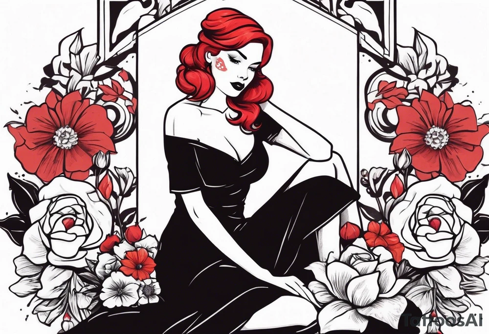 red head pin up girl wearing a black dress sitting in a sexy pose with a banner and flowers winding around her that says doll face tattoo idea