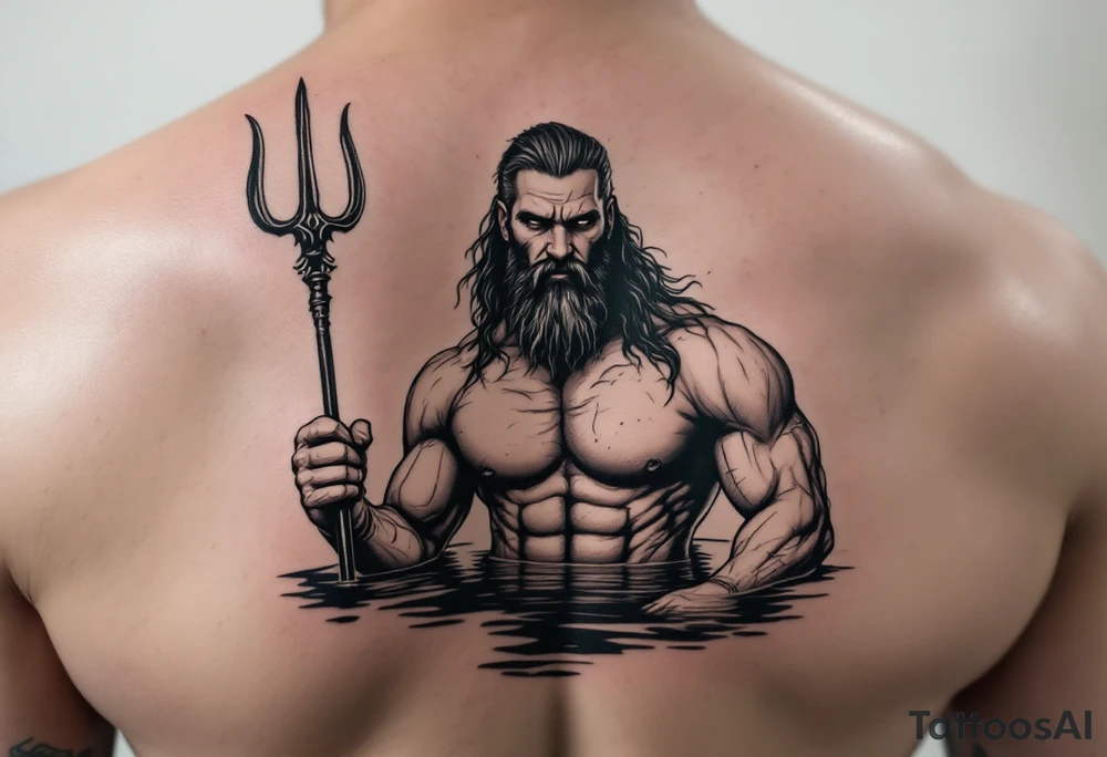 fit poseidon, with a trident, in calm water, holding a beer tattoo idea