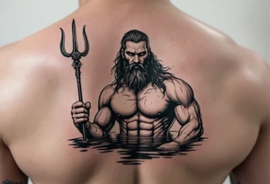 fit poseidon, with a trident, in calm water, holding a beer tattoo idea